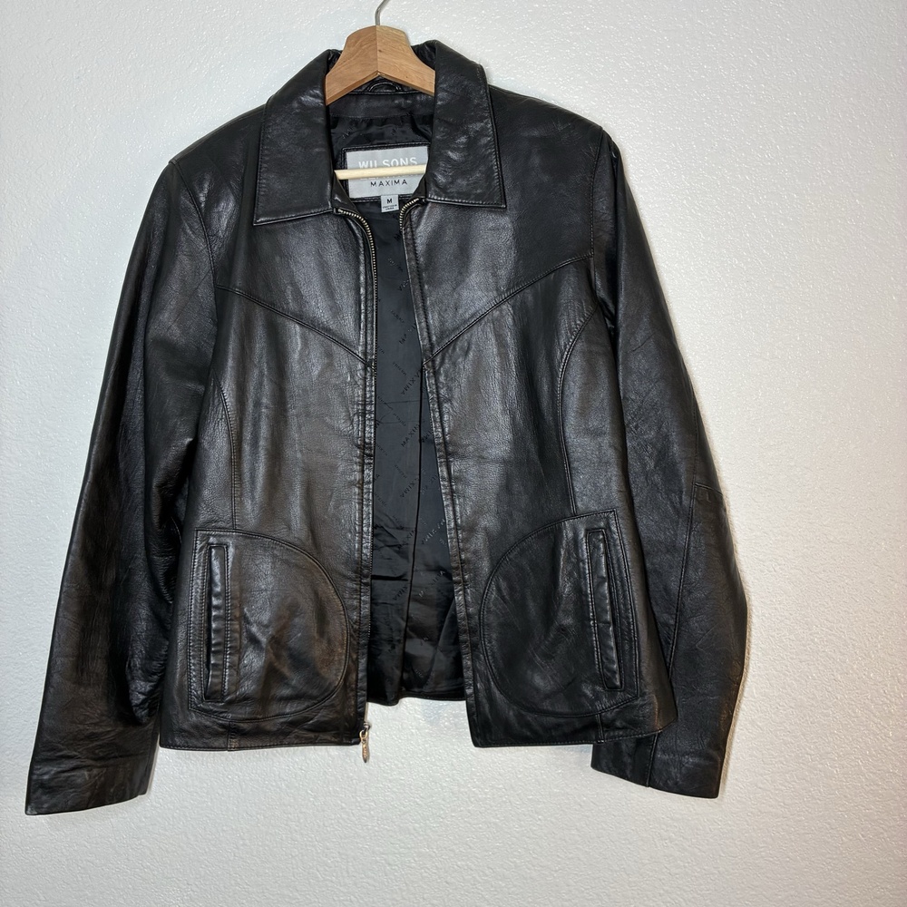 Wilsons Leather Maxima Jacket Womens Medium Black Full Zip Pockets Lined